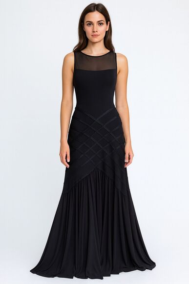 VTG Tadashi Shoji Mermaid Sheer Formal Evening Gown Size L Black Classic Glamour - Picture 1 of 6